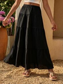SHEIN Tween Girl Casual Back To School Vacation Tiered Hem Skirt , Autumn Fall, Holiday - Black - View 6