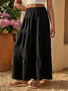SHEIN Tween Girl Casual Back To School Vacation Tiered Hem Skirt , Autumn Fall, Holiday - Black - View 7