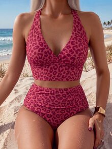 Swim Basics 2025 Women's Summer Beach Vacation Leopard Print V-Neck Tankini Bikini Set - Multicolor - View 3