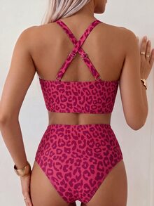 Swim Basics 2025 Women's Summer Beach Vacation Leopard Print V-Neck Tankini Bikini Set - Multicolor - View 2