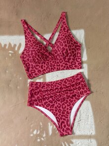 Swim Basics 2025 Women's Summer Beach Vacation Leopard Print V-Neck Tankini Bikini Set - Multicolor - View 4