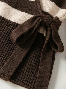 SHEIN 春秋法式交叉V領針織上衣 女款側綁帶收腰長袖修身襯衫 - 咖啡棕 - 查看 6