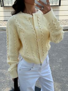SHEIN Milk Yellow Cable Knit Cardigan Autumn Winter Crew Neck Button Cropped Sweater Jacket Casual Top - Yellow - View 3