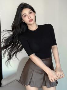 DAZY Women Plain Crew Neck Casual Top, Daily Wear - Black - View 4