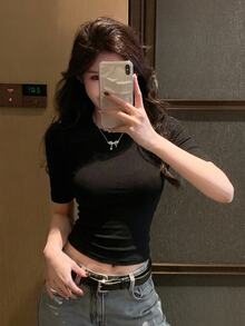 DAZY Women Plain Crew Neck Casual Top, Daily Wear - Black - View 6