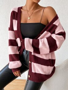 SHEIN Autumn/Winter New Design Striped Faux Mink Fur Knit Cardigan Sweater For Women - Pink - View 7