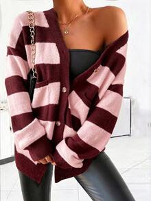 SHEIN Autumn/Winter New Design Striped Faux Mink Fur Knit Cardigan Sweater For Women - Pink - View 8