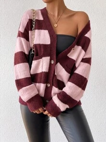 SHEIN Autumn/Winter New Design Striped Faux Mink Fur Knit Cardigan Sweater For Women - Pink - View 4
