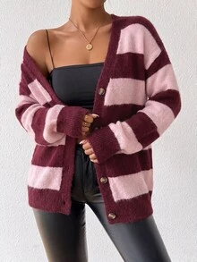 SHEIN Autumn/Winter New Design Striped Faux Mink Fur Knit Cardigan Sweater For Women - Pink - View 6