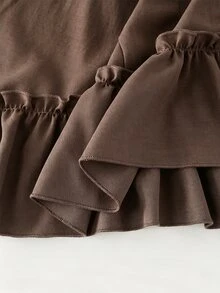 GlowEve Women's Denim Effect V-Neck Ruffle Hem Button Front Dress - Coffee - View 6