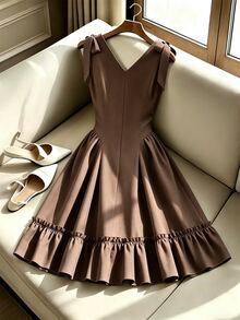 GlowEve Women's Denim Effect V-Neck Ruffle Hem Button Front Dress - Coffee - View 2