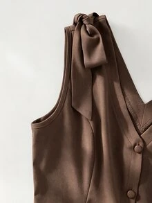 GlowEve Women's Denim Effect V-Neck Ruffle Hem Button Front Dress - Coffee - View 3