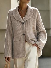 SHEIN Fall Winter Lapel Collar Button Front Knit Cardigan, Casual Loose Outerwear With Pockets - Camel - View 8