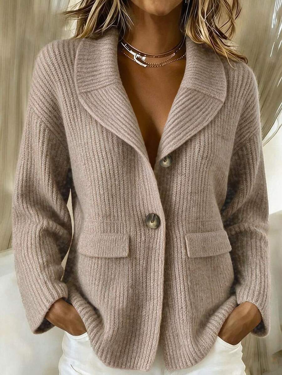 SHEIN Fall Winter Lapel Collar Button Front Knit Cardigan, Casual Loose Outerwear With Pockets - Camel - View 1