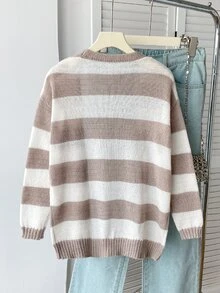 SHEIN Girls' Cardigan Sweater, Fashion Classic Colorblock White V-Neck Dropped Shoulder Long Sleeve, Casual Cute Slouchy, Spring And Autumn School - Multicolor - View 2