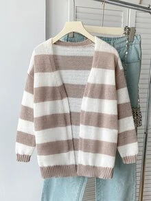 SHEIN Girls' Cardigan Sweater, Fashion Classic Colorblock White V-Neck Dropped Shoulder Long Sleeve, Casual Cute Slouchy, Spring And Autumn School - Multicolor - View 3