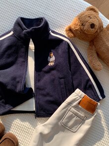 SHEIN 男嬰女嬰通用卡通熊印花圓領長袖秋冬加厚抓絨內裡外套 - 藏蓝色 - 查看 4