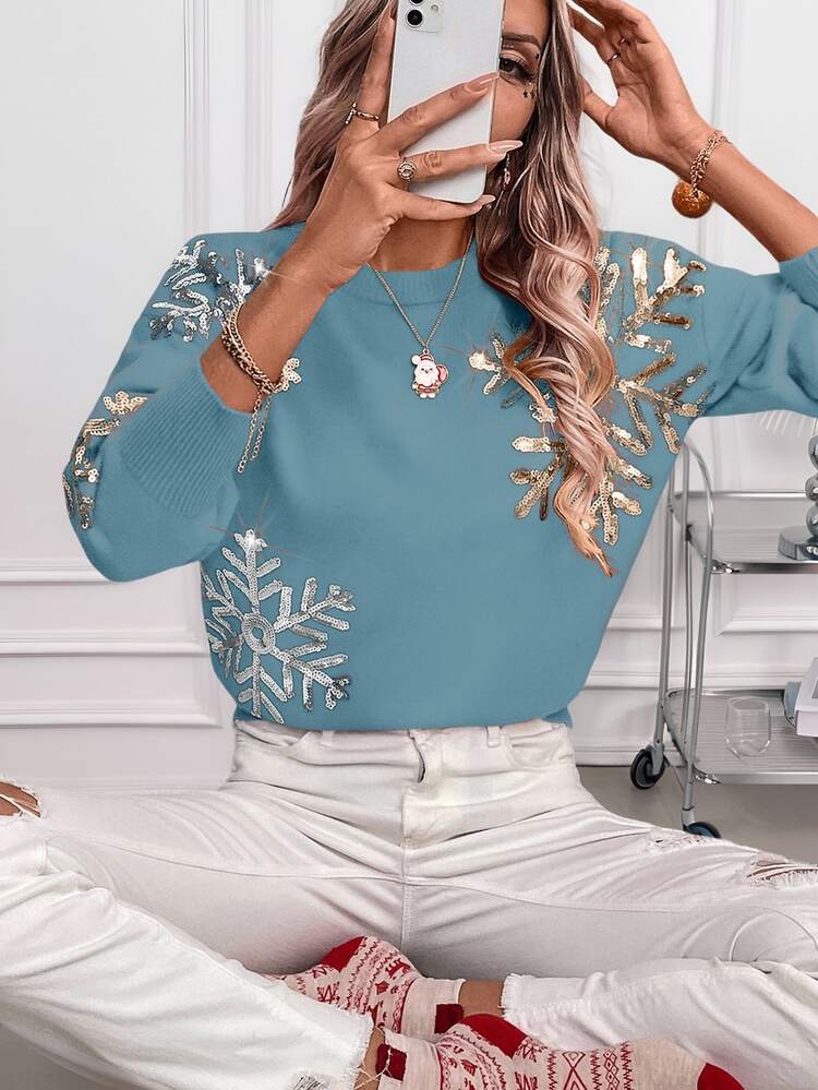 SHEIN LUNE Women's Valentine's Day Sequin Patchwork Crew Neck Long Sleeve Sweater - Dusty Blue - View 3