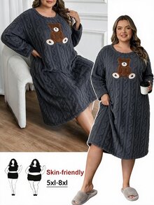 SHEIN CURVE+ Plus Size Dreamy Beloved Cute Bear Embroidered Cozy Long Sleeve Sleep Dress, Fluffy Winter - Multicolor - View 8