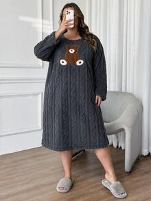 SHEIN CURVE+ Plus Size Dreamy Beloved Cute Bear Embroidered Cozy Long Sleeve Sleep Dress, Fluffy Winter - Multicolor - View 7