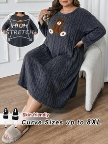 SHEIN CURVE+ Plus Size Dreamy Beloved Cute Bear Embroidered Cozy Long Sleeve Sleep Dress, Fluffy Winter - Multicolor - View 9