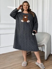 SHEIN CURVE+ Plus Size Dreamy Beloved Cute Bear Embroidered Cozy Long Sleeve Sleep Dress, Fluffy Winter - Multicolor - View 11