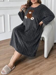 SHEIN CURVE+ Plus Size Dreamy Beloved Cute Bear Embroidered Cozy Long Sleeve Sleep Dress, Fluffy Winter - Multicolor - View 10