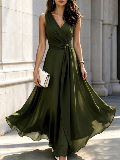 SHEIN Gaun Panjang Tanpa Lengan Elegan Model V-Neck Terbaru untuk Wanita, Gaun Pesta, Gaun Kencan,
