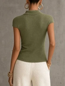 SHEIN New Spring Fall Napoleonic Military Double Breasted Knit Vest Women Stand Collar Full Zip Cap Sleeve S - Army Green - View 2