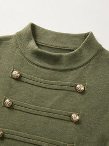 SHEIN New Spring Fall Napoleonic Military Double Breasted Knit Vest Women Stand Collar Full Zip Cap Sleeve S - Army Green - View 6