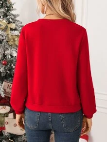 SHEIN Clasi Women's Christmas Reindeer Crew Neck Red Sweatshirt - Red - View 2