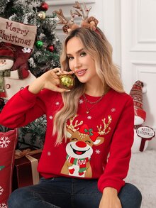 SHEIN Clasi Women's Christmas Reindeer Crew Neck Red Sweatshirt - Red - View 4