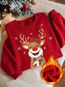 SHEIN Clasi Women's Christmas Reindeer Crew Neck Red Sweatshirt - Red - View 7