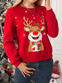 SHEIN Clasi Women's Christmas Reindeer Crew Neck Red Sweatshirt - Red - View 3