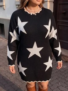 Linhara CURVE Autumn/Winter Thick Plus Size Loose Fit Five-Point Star Knit Sweater Dress Women Wavy Ruffle Round Neck Lazy Slimming Long Sleeve Dress - Black and White - View 7