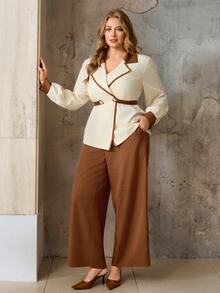 Roveilla Bộ 2 món áo blazer phối màu viền cho nữ size lớn, tay lồng đèn, quần ống rộng cạp cao, phong cách công sở thường ngày cho mùa thu đông - màu nâu - Xem 6