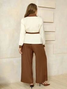 Roveilla Bộ 2 món áo blazer phối màu viền cho nữ size lớn, tay lồng đèn, quần ống rộng cạp cao, phong cách công sở thường ngày cho mùa thu đông - màu nâu - Xem 3