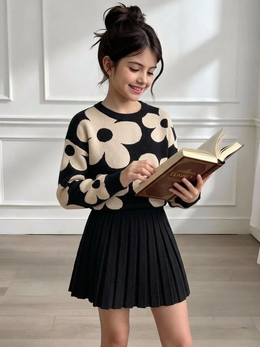 SHEIN Tween Girls Sweater Set, Sesame Bottom Jacquard Knit Crew Neck Pullover With Pleated Skirt, Soft Comfortable, Daily Wear, Black Autumn Cute - Black - View 1
