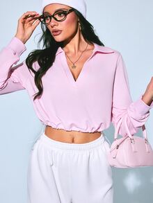 SHEIN Sovereign Charm Sudadera deportiva de unicolor casual versátil para uso diario para mujer - Rosa - Ver 3