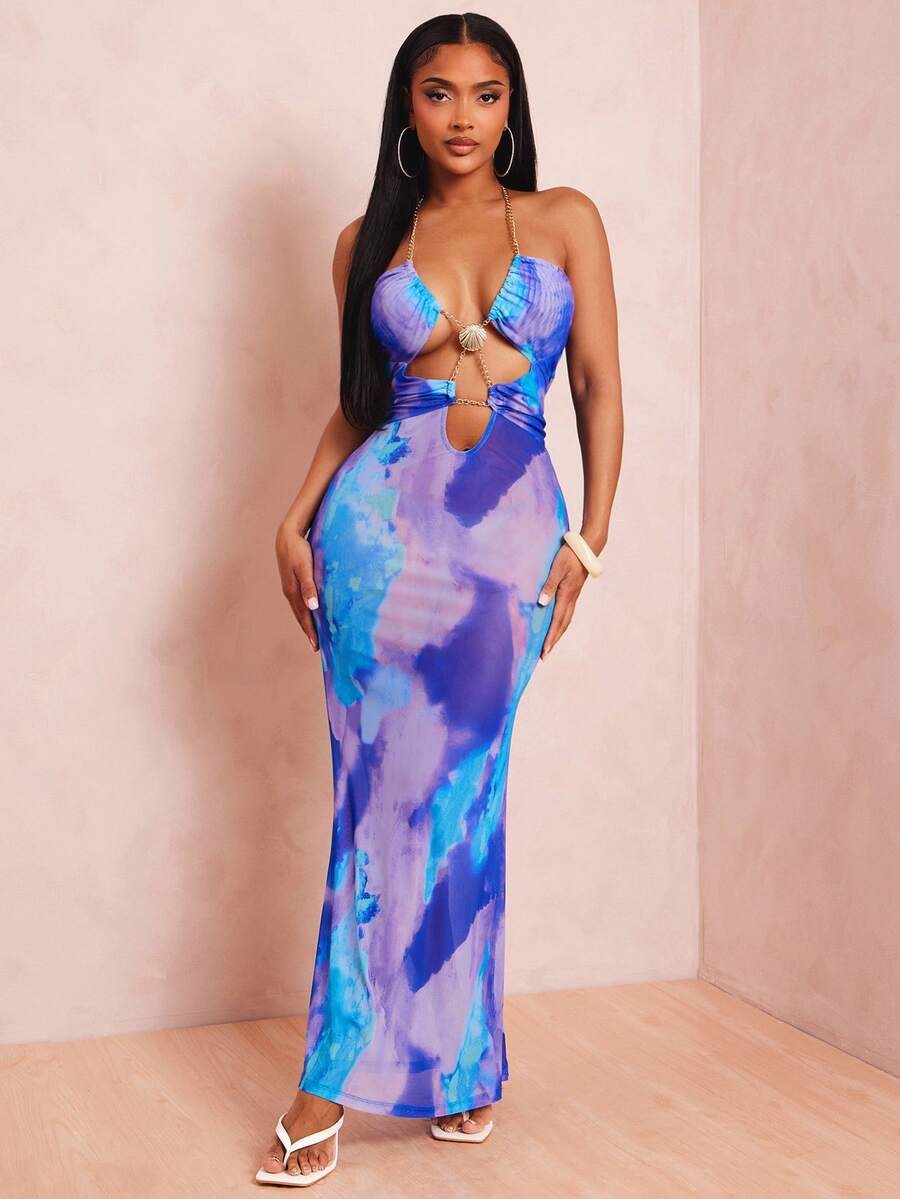 Radiana 女款優雅熱帶性感嬰兒藍夏季休閒海灘夜店度假洋裝,藍色紮染印花修身露背鏤空網紗郵輪風 - 彩色 - 查看 1