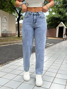 SHEIN PETITE 女款休閒百搭日常旅行牛仔褲，附口袋與鈕扣 - 藍色 - 查看 2
