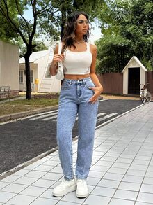 SHEIN PETITE 女款休閒百搭日常旅行牛仔褲，附口袋與鈕扣 - 藍色 - 查看 3