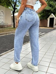 SHEIN PETITE 女款休閒百搭日常旅行牛仔褲，附口袋與鈕扣 - 藍色 - 查看 7