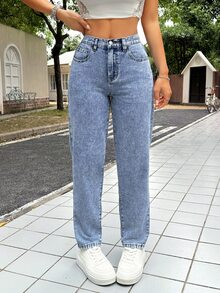 SHEIN PETITE 女款休閒百搭日常旅行牛仔褲，附口袋與鈕扣 - 藍色 - 查看 4