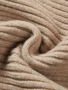 SHEIN Holidaya Autumn Winter Elegant Loungewear Two Pieces Outfit, V Neck Button Front Ruffle Hem Contrast Cuff Knit Office Beige - Khaki - View 6