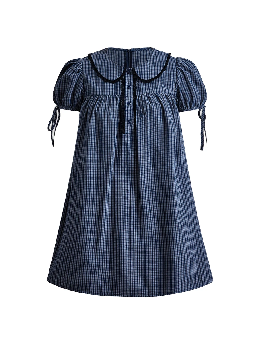 ROMWE Kawaii Japanese Style Cute Sweet French Girl Plaid Peter Pan Collar A-Line Mini Dress For Women - Navy Blue - View 1