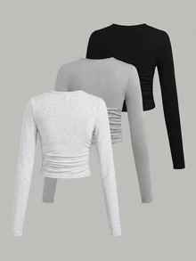 SHEIN EZwear 3PCS Women Solid Colod Round Neck T-Shirts - Multicolor - View 2