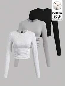 SHEIN EZwear 3PCS Women Solid Colod Round Neck T-Shirts - Multicolor - View 1