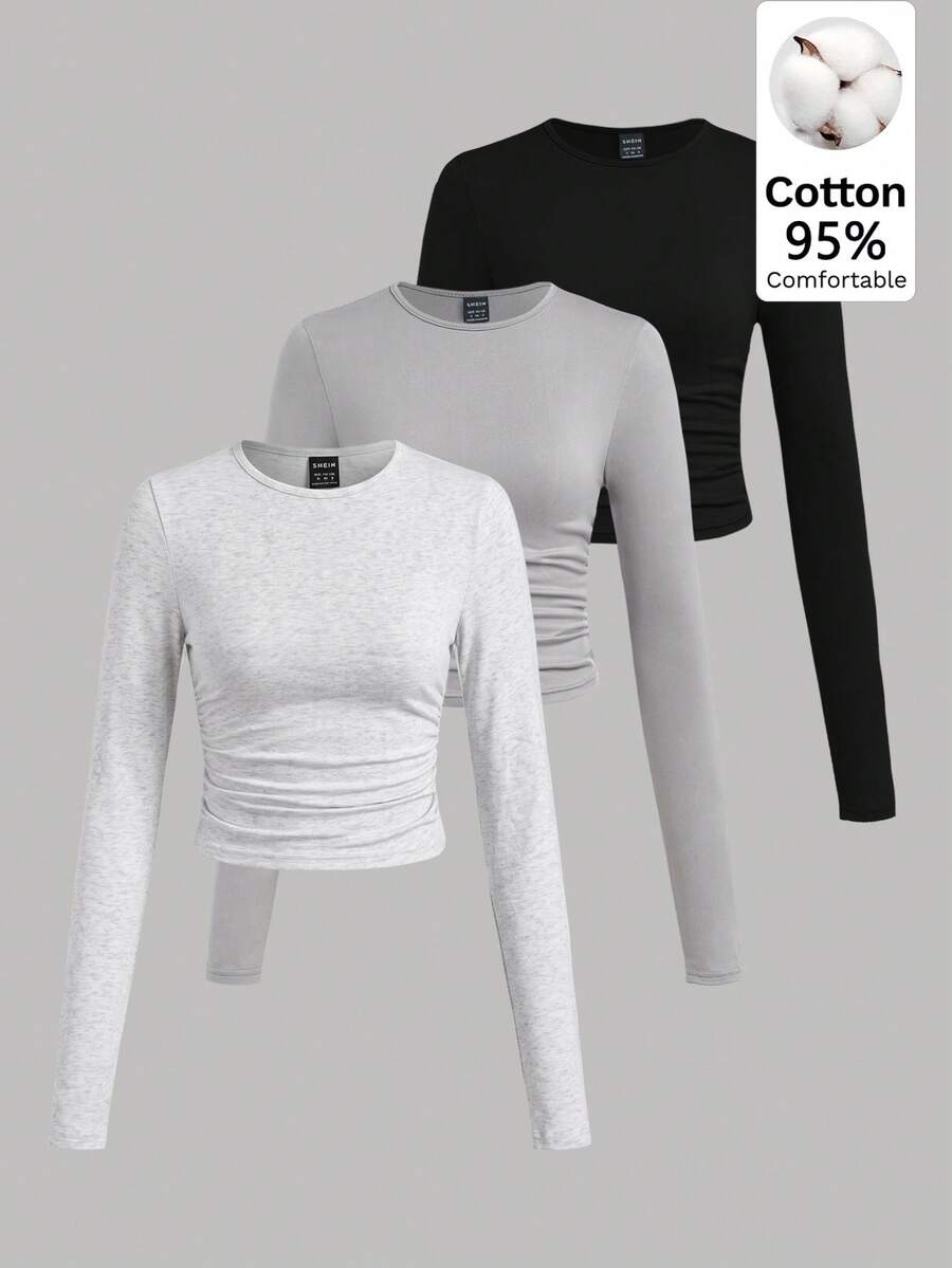 SHEIN EZwear 3PCS Women Solid Colod Round Neck T-Shirts - Multicolor - View 1