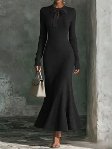 Franclia Gaun Sweater Rajut Wanita Berkualitas Tinggi, Modis & Elegan, Serbaguna untuk Musim Gugur - Hitam - View 3